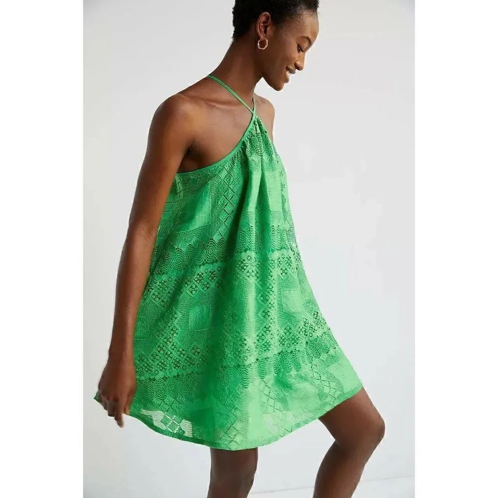 NWT ANTHROPOLOGIE Sz SP HALTER MINI LACE DRESS IN GREEN
